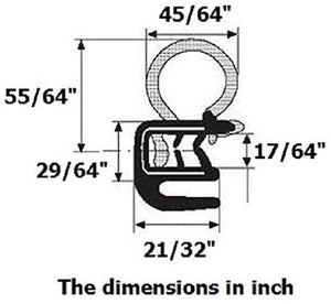 Door Trim Seal with Internal Rubber Flange 45/64" Bulb Diameter X 0.039"-17/64" Grip Range X 21/32" U Height