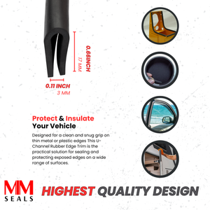Black U Channel Edge Trim Seal EPDM Height 0.66" (17 MM) X 0.11" (3 MM) Grip range