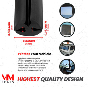 Window Rubber Seal - Locking Gasket, Fits Glass 1/4 inch (6.3 mm), Panel 1/8 inch (3mm), for Heavy Equipment, Boat, Cars.