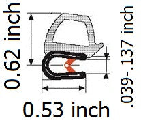 ドアゴムシール水平バルブ 0.62" バルブ高さ x 0.039"-0.137" グリップ範囲 x 0.53 U 高さ